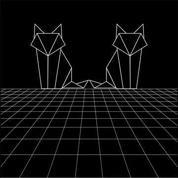 Fox polygonal lines on the Synthwave vaporwave, perspective grids Illustrazione stock