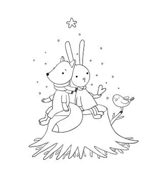 Fox, rabbit and bird sitting on a tree stump Stock Illustration