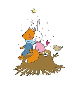 Fox, rabbit and bird sitting on a tree stump Stock Illustration