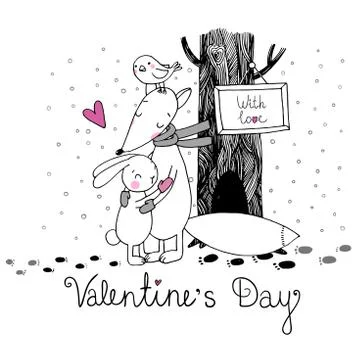 Fox, rabbit, bird and tree. Winter. Illustrazione stock