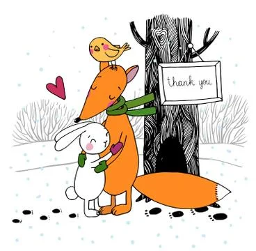 Fox, rabbit, bird and tree. Winter. Stock Illustration