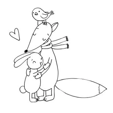 Fox, rabbit, bird and tree. Winter. Stock Illustration