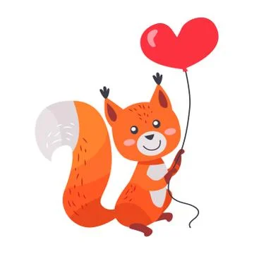 Fox with Red Heart Shaped Balloon in Paws Isolated Stock Illustration