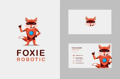 Fox robot cartoon mascot logo vector illustration and business card template Illustrazione stock