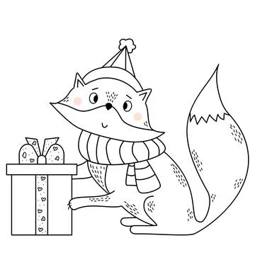 Fox in a scarf and a hat with a big gift. Winter character - cute wild animal in Stock Illustration
