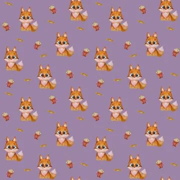 Fox seamless pattern. Cute red fox with a smile with sweets and a cup with 스톡 일러스트