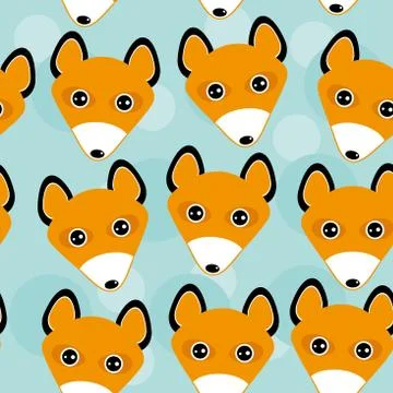 Fox seamless pattern with funny cute animal face on a blue background Illustrazione stock