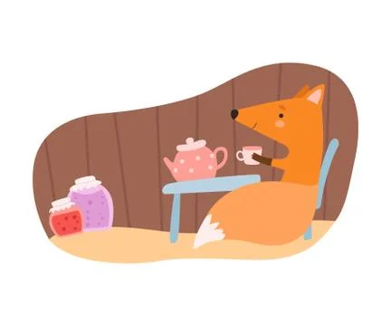 Fox Sitting at the Table and Drinking Tea in Its Tree Hollow Vector Illustration Stock Illustration
