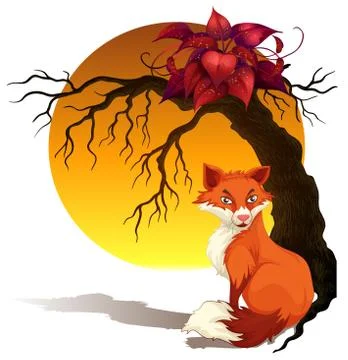 Fox sitting under tree 스톡 일러스트