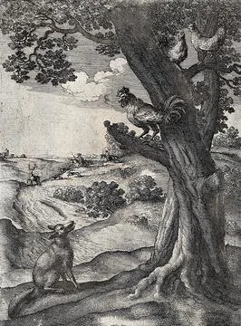 A fox is sitting underneath a tree on which a cockerel and two hens are sit.. Illustrazione stock