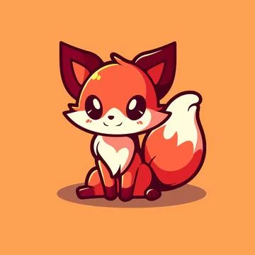 A fox with a tail sits on an orange background. Illustrazione stock