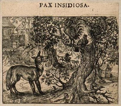 A fox talking to a chicken; representing a fable by Aesop on false friendsh.. Illustrazione stock
