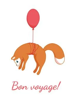 Fox trying to fly on a baloon. Card for voyagers. Vector illustration Stock Illustration