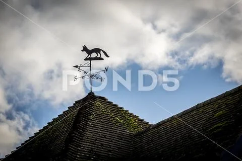 Fox weather vane on a rooftop, North Downs Way,Kent, England Stock Photos