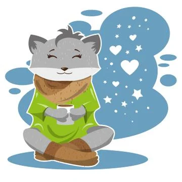 The fox in winter and cold drinks tea or coffee and thinks about love. Stock Illustration