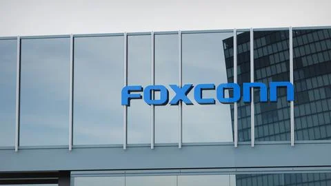 Foxconn Stock data presented on the logo of the office facade editorial Stock Photos