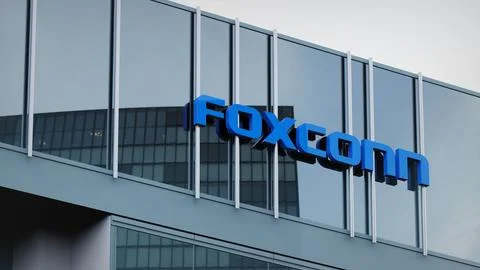 Foxconn Stock data presented on the logo of the office facade editorial Stock Photos