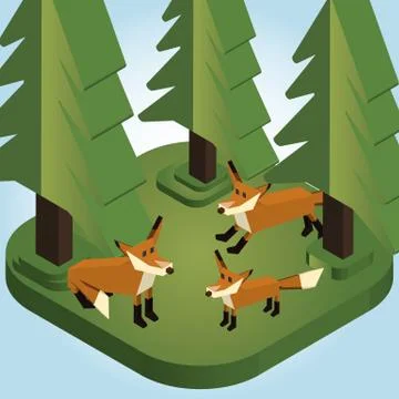 Foxes in a Pine Forest Isometric Style - Vector Illustration Stock Illustration