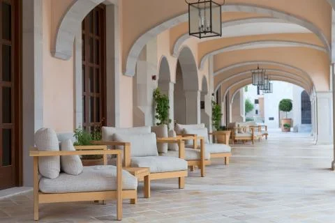 Foyer of the hotel with sofas Stock Photos