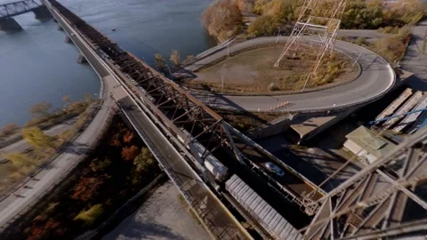 FPV Acrobatic Diving Manoeuvre Beside Victoria Bridge Over Saint Lawrence Stock Footage 166028530