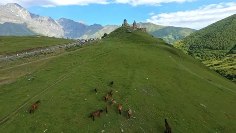 FPV aerial shot. Gergeti Trinity Church in the village of Gergeti in the Kazbegi Stock Footage 223913514