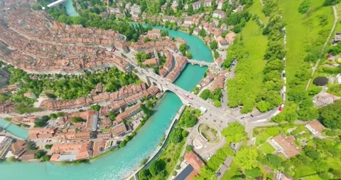 FPV aerial view of the Aare river in Bern, Switzerland. Stock Footage 341986242