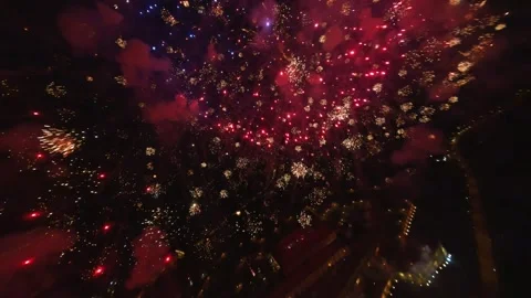 FPV aerial view of fireworks exploding over the night city skyline, Serbia. Stock Footage 335622645