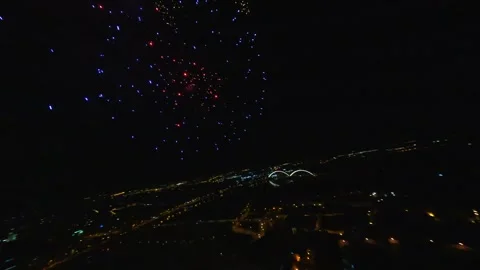 FPV aerial view of fireworks over Petrovaradin Fortress at night, Serbia. Stock Footage 335623325