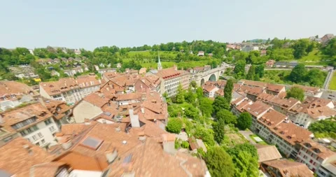 FPV aerial view of historic rooftops in Bern, Switzerland. Stock Footage 341986235