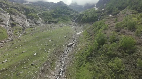 FPV Aerial View of Mountain Valley and Snow Patch in Ladakh Видео 340312018