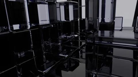 FPV Camera Flying Through a Maze of Glass Cubes in a Futuristic Animation Stock Footage 300292933