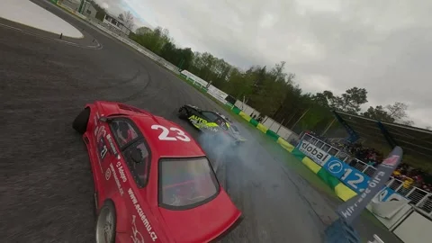 FPV drift battle at Autodrom Sosnová during Drift Corporation event 스톡 동영상 318790108