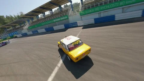 FPV Drift Run Featuring Classic Small Car With Spin Recovery Moment Video stock 334877116