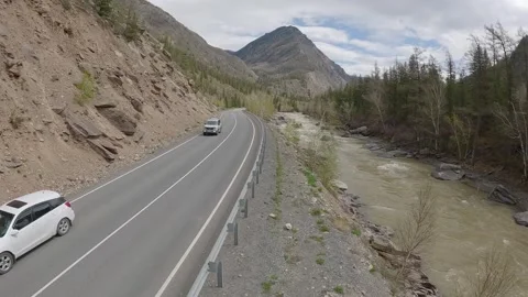 FPV Drone 4K Mountain River Road Border Flight, 01Jun2025, RUS, Altay Stock Footage 311941537