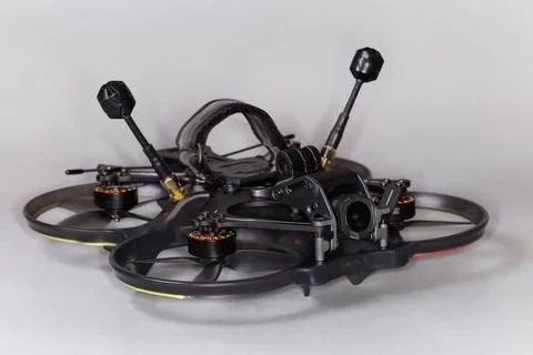 FPV drone with on-board camera, front view close-up Stock Photos