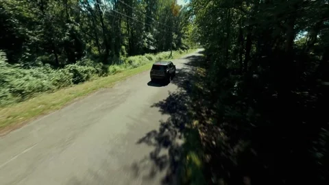 FPV Drone Chasing Car Through Trees Stock Footage 318516776