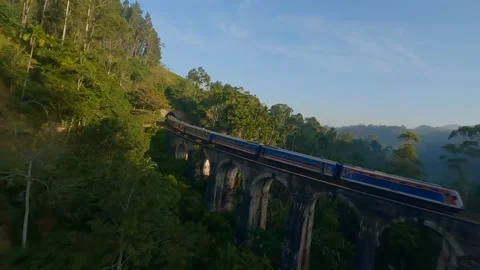 FPV drone chasing for train travels across an arched bridge in the jungle Stock Footage 230018416