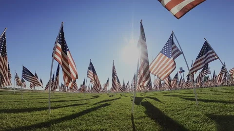 FPV Drone Cinematic Chase Through US Flag Memorial - 9/11 25th Anniversary Stock Footage 332027699