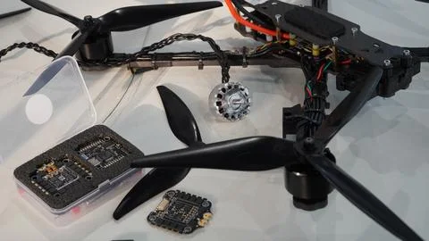 FPV Drone Circuit Board Hardware And Carbon Fiber Components Stock Photos