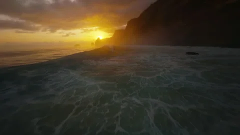 FPV Drone Cliff Dive to Ocean at Golden Sunset, Nusa Penida, Indonesia Stock Footage 327414795