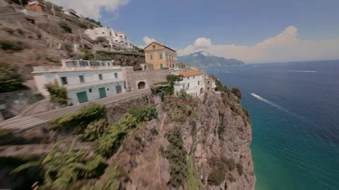 FPV Drone Dive Over Amalfi Coast Mediterranean Ocean Italy 스톡 동영상 344992470