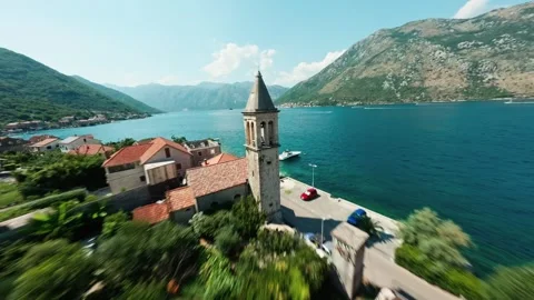 FPV Drone Dive Past Chapel in Bay of Kotor, Montenegro Stock Footage 305800796