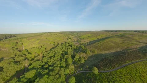 FPV drone flies over valley with woods at the bottom at sunset Stock Footage 243755786