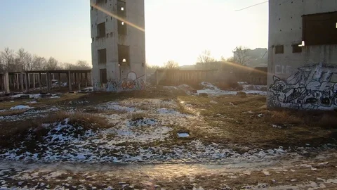 FPV drone flies quickly and maneuverable through an abandoned construction at Stock Footage 123456282