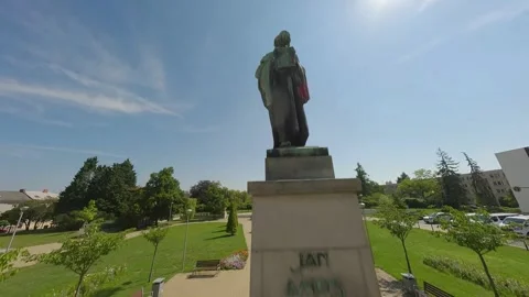 FPV Drone Flight Around Statue of Jan Amos Komenský in Czech Park (4K) Stock Footage 311883319