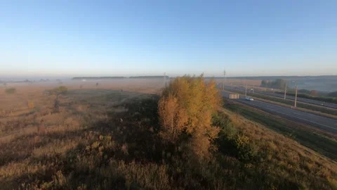 Fpv drone flight in a field with white fog morning Stock Footage 222940087