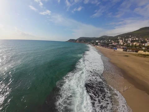 Fpv drone flight over beach sea cloudy Stock Footage 298367163