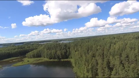 Fpv drone flight over blue lakes in a green forest over water Stock Footage 208609404