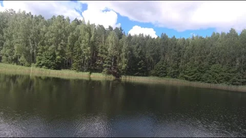 Fpv drone flight over blue lakes in a green forest over water Stock Footage 208609860