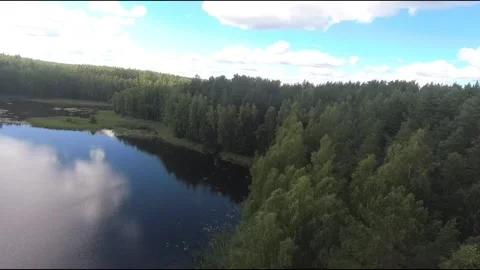 Fpv drone flight over blue lakes in a green forest over water Stock Footage 208610269